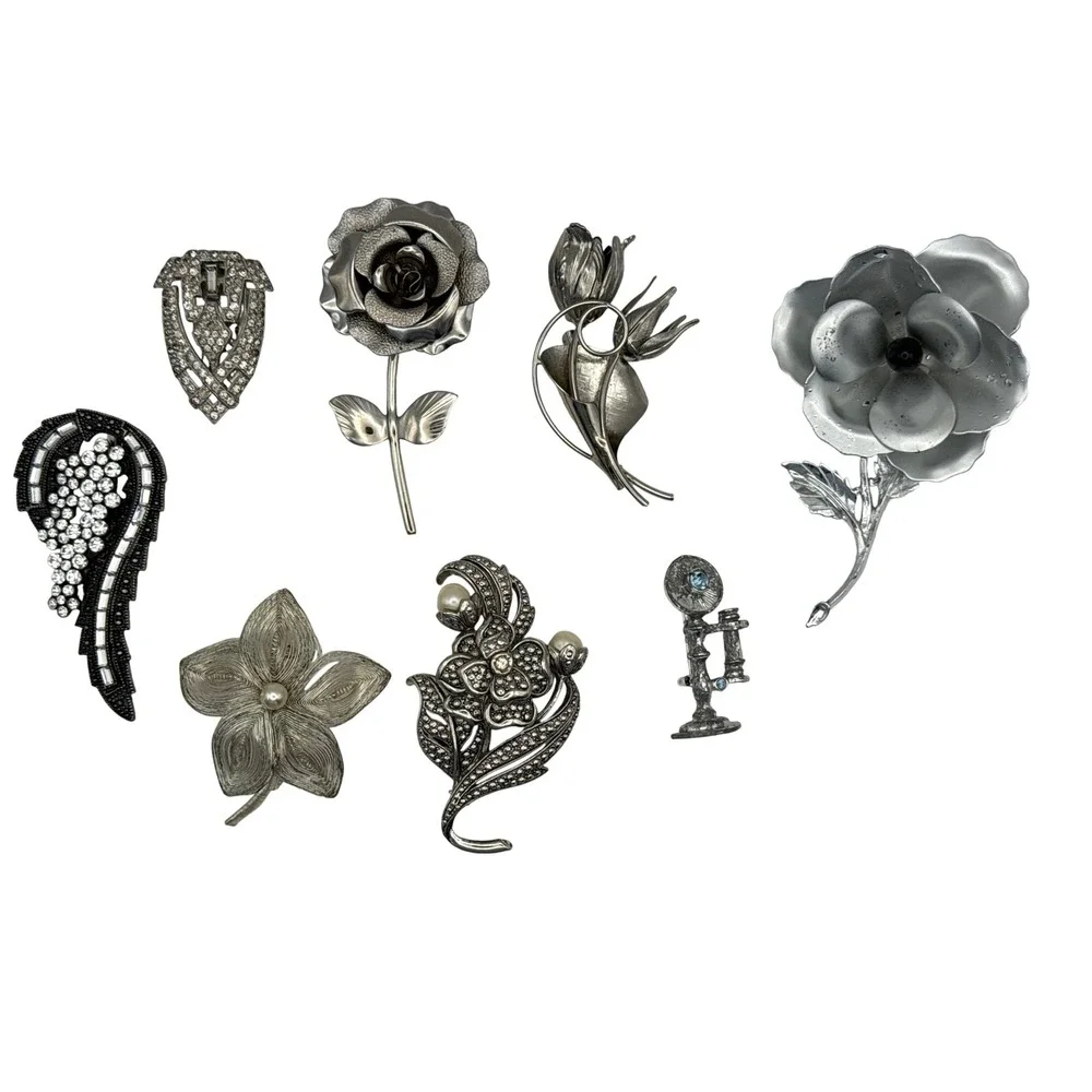 KJL‎ Avon Gerrys Brooch Clip Pin Lot 8pc Floral Art Deco Rhinestone Vintage